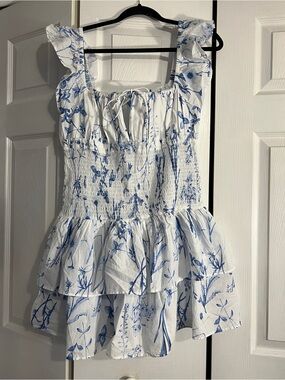 H&M White Dress with Blue Floral Print and Ruffle Details